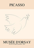 Minimalist line drawing of a dove holding an olive branch, inspired by Picasso, with "Musée d'Orsay" text below.