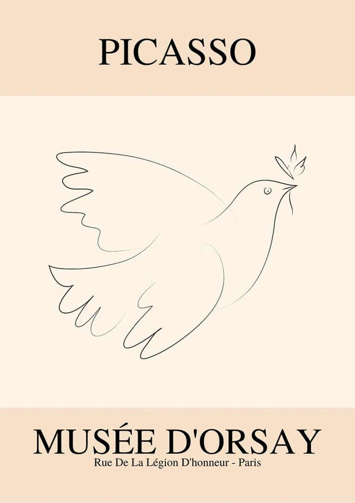 Minimalist line drawing of a dove holding an olive branch, inspired by Picasso, with "Musée d'Orsay" text below.