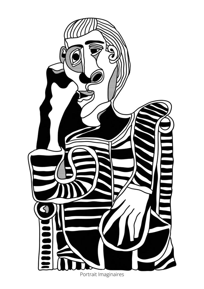 Black and white abstract line portrait inspired by Picasso, featuring geometric shapes and expressive facial features.