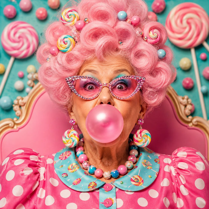 Pink Attitude by Devour Art - an older woman blowing a bubblegum bubble in rhinestone cat-eye glasses