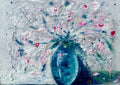 Pink Blossoms in a Blue Vase by Marina Agre - pink blossoms in a teal-blue vase on white