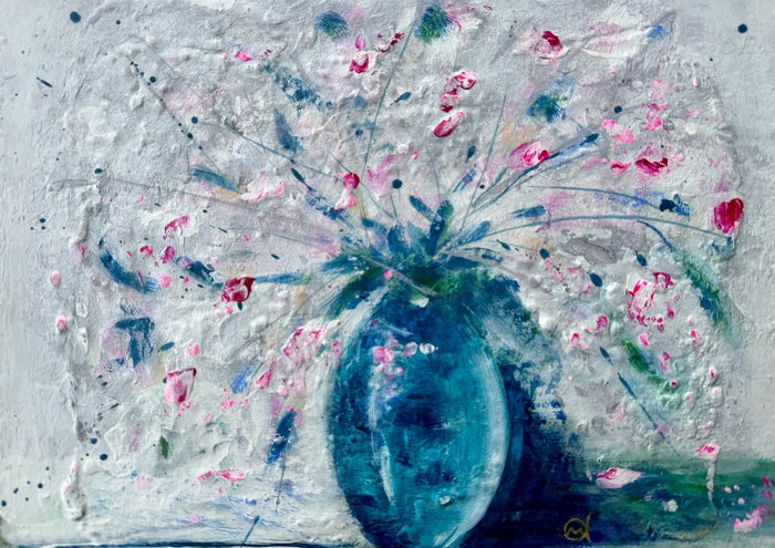 Pink Blossoms in a Blue Vase by Marina Agre - pink blossoms in a teal-blue vase on white