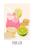 Pink Gin poster by Lisen Vennesland with a pink cocktail, lemon slices and lime on a cream background