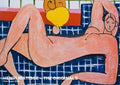 Abstract painting of a reclining nude woman on a blue patterned background, by Henri Matisse, 1935.