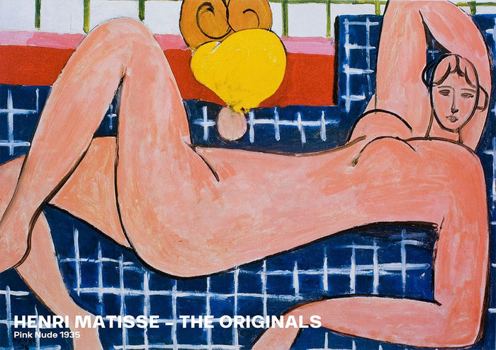 Abstract painting of a reclining nude woman on a blue patterned background, by Henri Matisse, 1935.