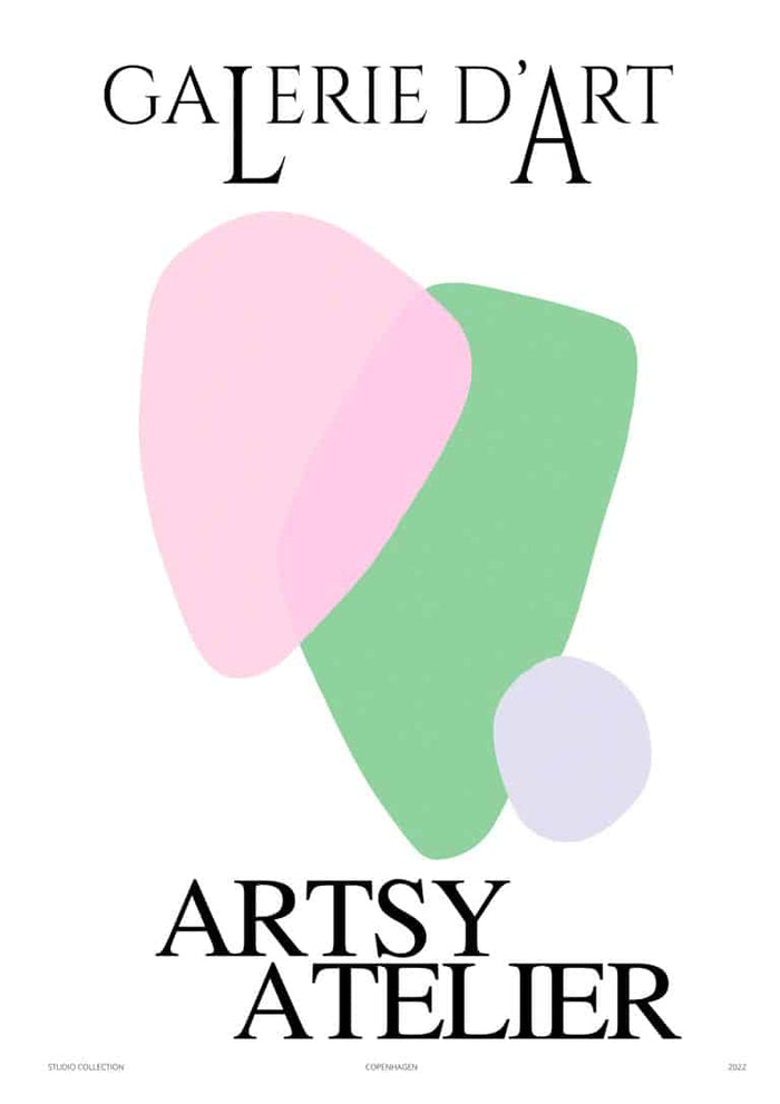 Abstract art poster with overlapping pink, green, and purple shapes; text reads "GALERIE D'ART ARTSY ATELIER".