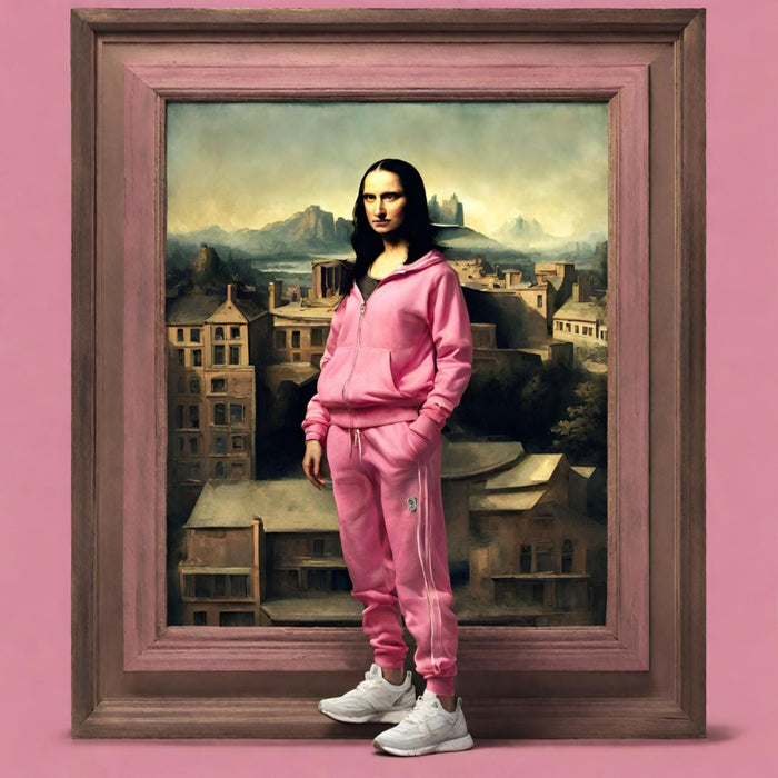 Pink Renaissance by Devour Art - the Mona Lisa in a pink tracksuit stepping out of a pink frame