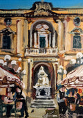 Pjazza Reġina by Mariam De Giorgio — the honey-stone Bibliotheca facade, a marble statue and café awnings on a Valletta square