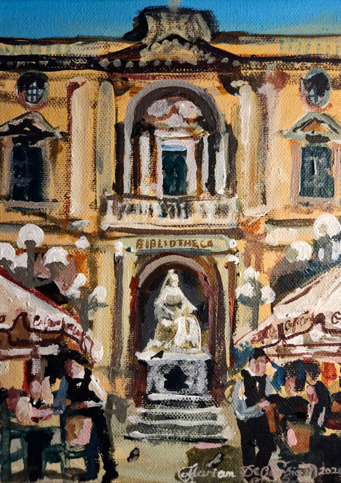 Pjazza Reġina by Mariam De Giorgio — the honey-stone Bibliotheca facade, a marble statue and café awnings on a Valletta square