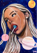 Planet Pop by Art By Biba - a blonde woman with a globe-shaped lollipop among planets on a deep blue starfield