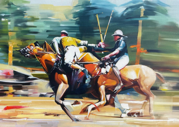 Players 2 by Adrian DeDea - two polo riders clashing mid-gallop against a blurred background