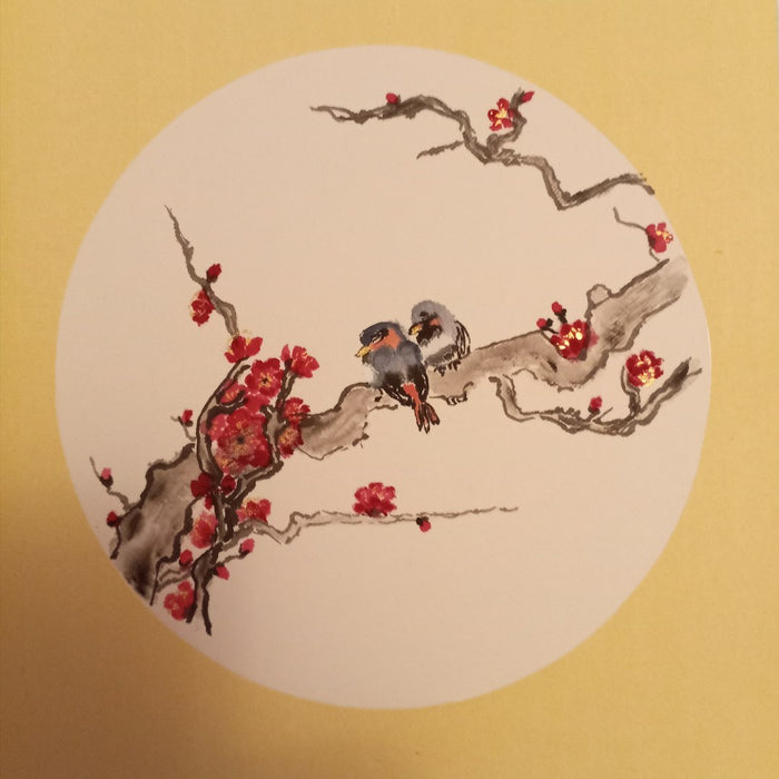 Plum Blossom Pair by Tracey - two small birds on a red plum blossom branch in a white circle on yellow