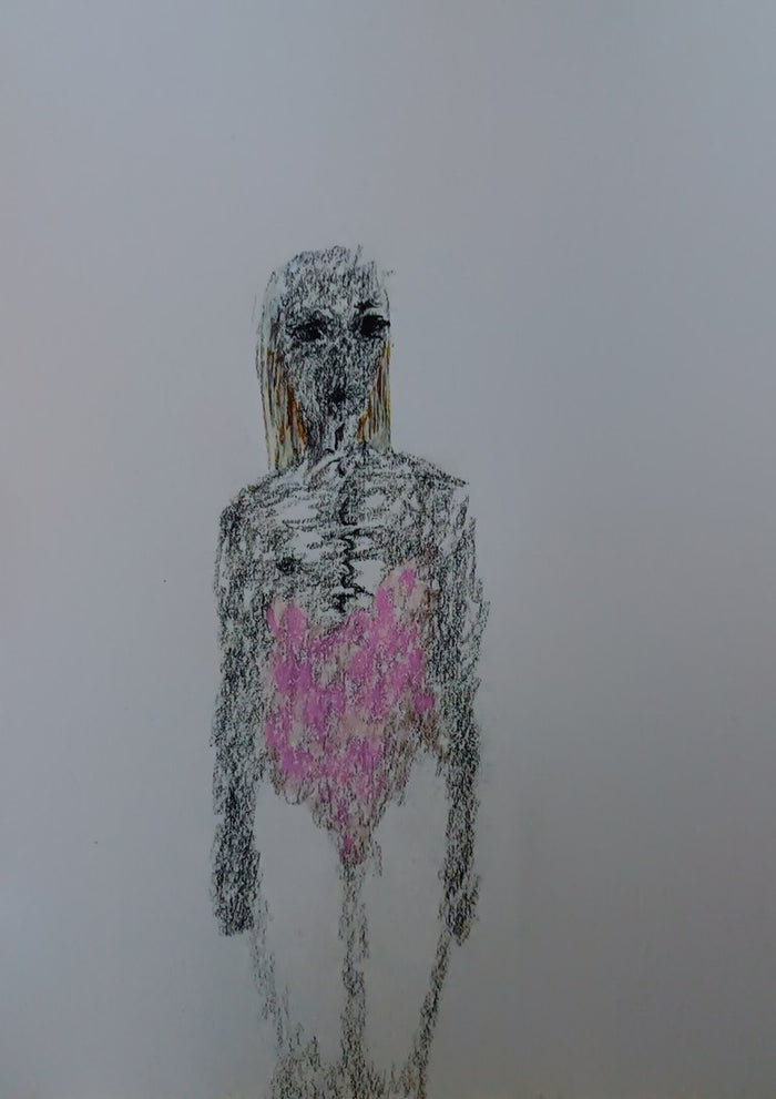 PoolROoms by Alice Ruja — a gaunt charcoal figure with pale orange-streaked hair and a bright pink swimsuit patch on bare grey paper.