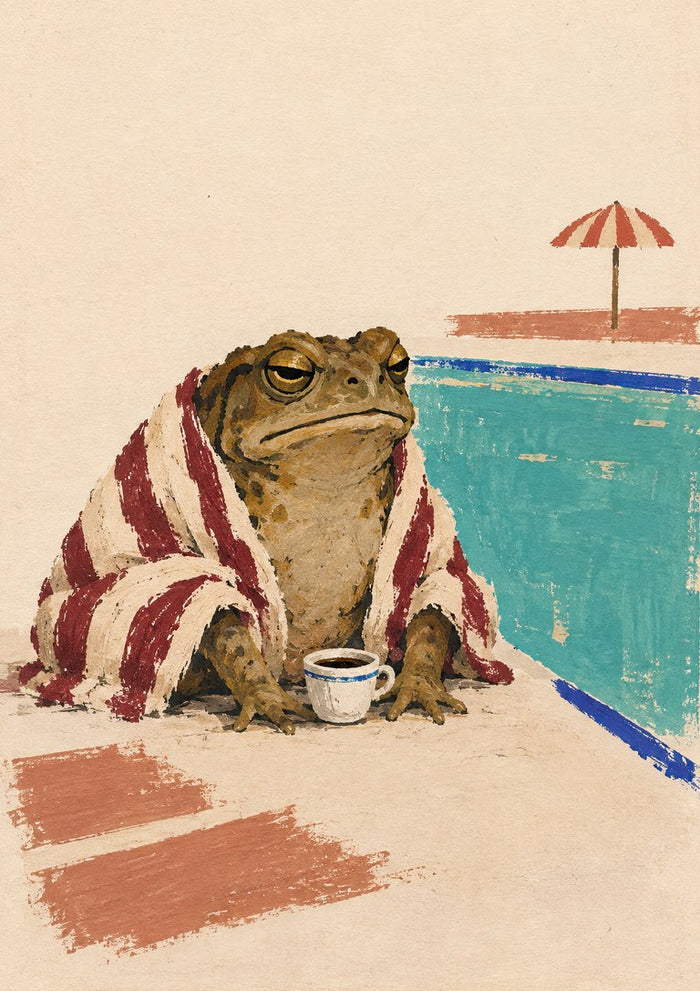 Poolside Philosopher by Matthews Gallerie - a toad wrapped in a striped towel with a cup of coffee beside a turquoise swimming pool
