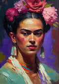 A colorful portrait of a Mexican artist with flowers in her hair, vibrant earrings, and a confident expression.