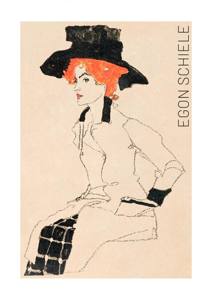 Portrait of a Woman (1910) by Egon Schiele art print shows a seated woman with orange hair and a large black hat.