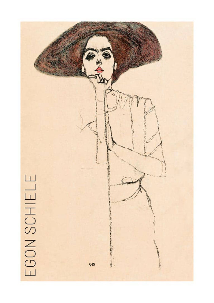 Poster of Egon Schiele's "Portrait of a Woman" featuring a woman in a large dark hat, minimal line drawing.