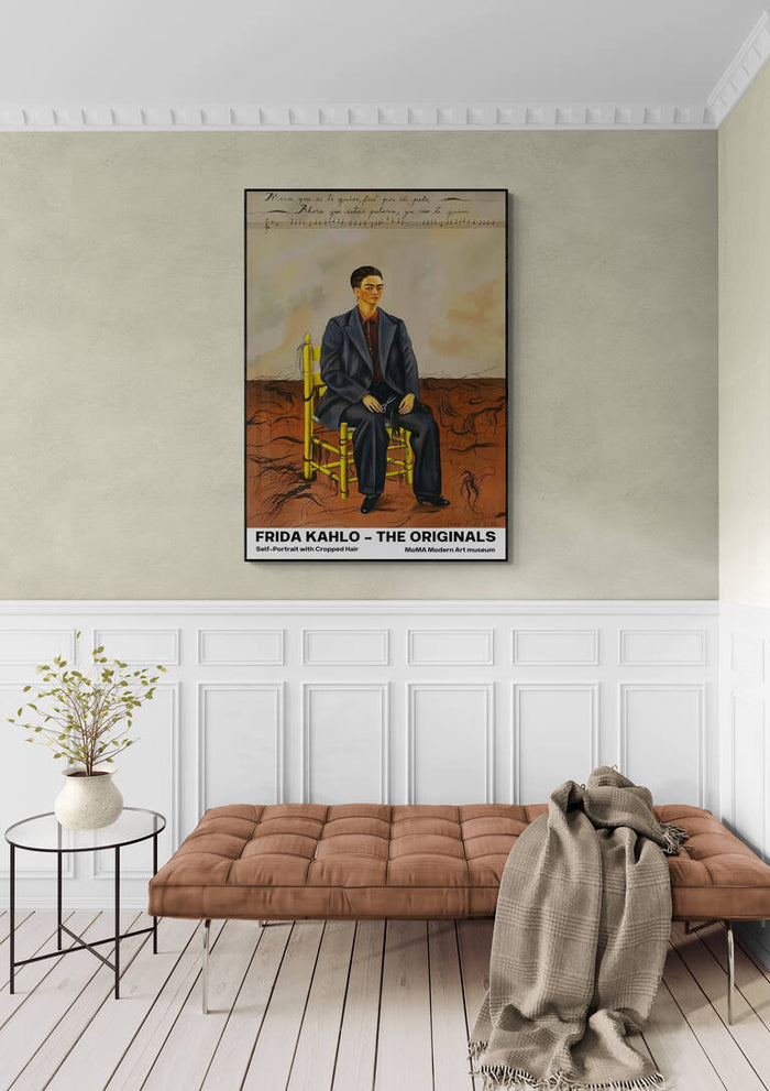 Framed "Portrait with Cropped Hair - Frida Kahlo" artwork hanging above a bench in a modern living room.