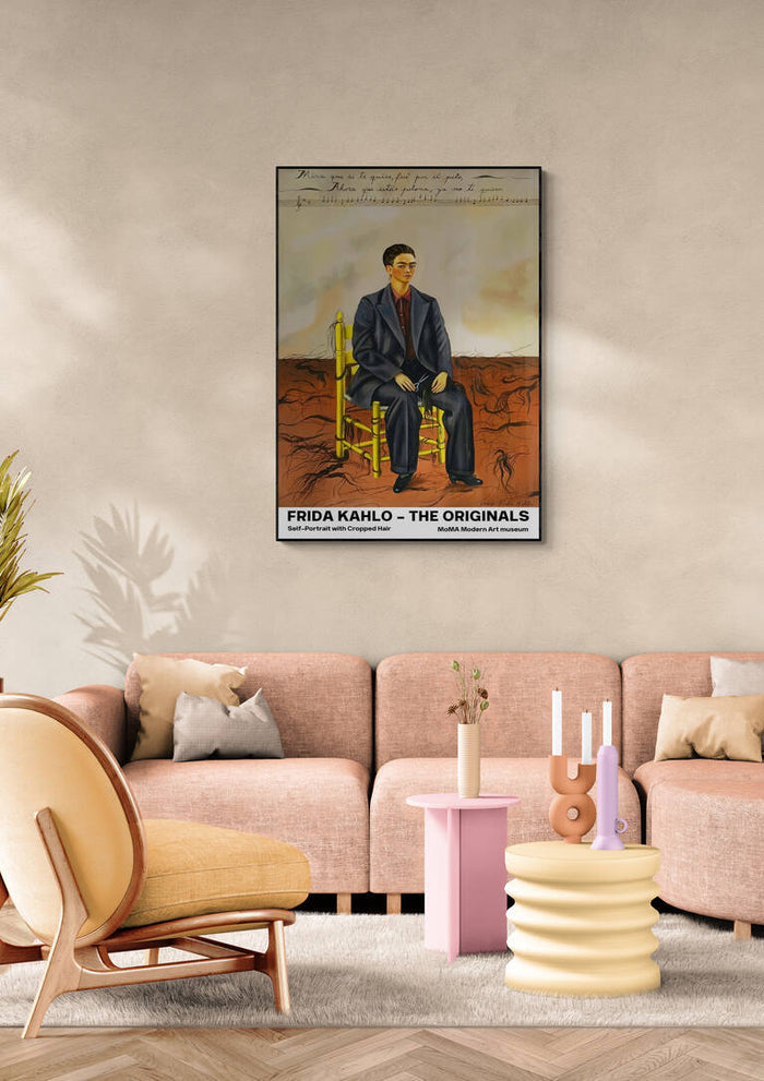 Frida Kahlo's "Portrait with Cropped Hair" displayed above a modern beige sofa in a stylish living room.