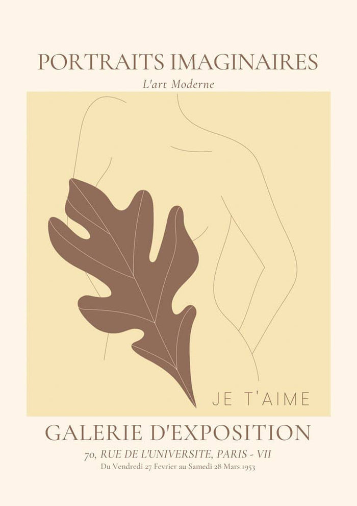 Minimalist line drawing of a woman's figure with a large brown leaf overlay, titled "Portraits Imaginaires Woman No. 2 Plakat".