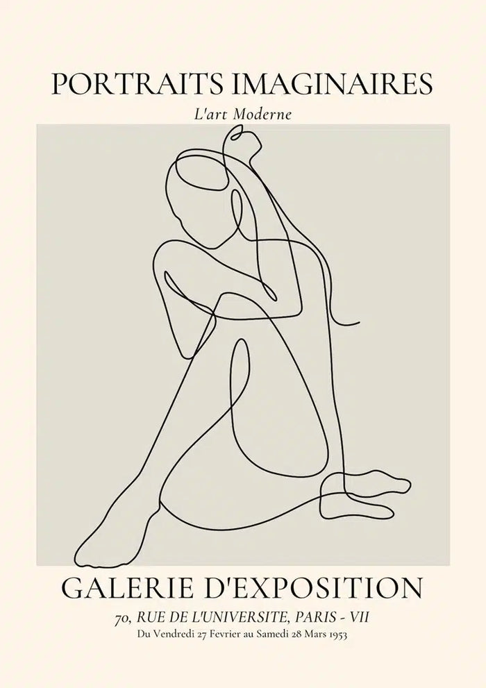 Minimalist line art of a seated woman on a beige background with "Portraits Imaginaires" text above.