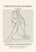 Minimalist line art of a seated woman on a beige background with "Portraits Imaginaires" text above.
