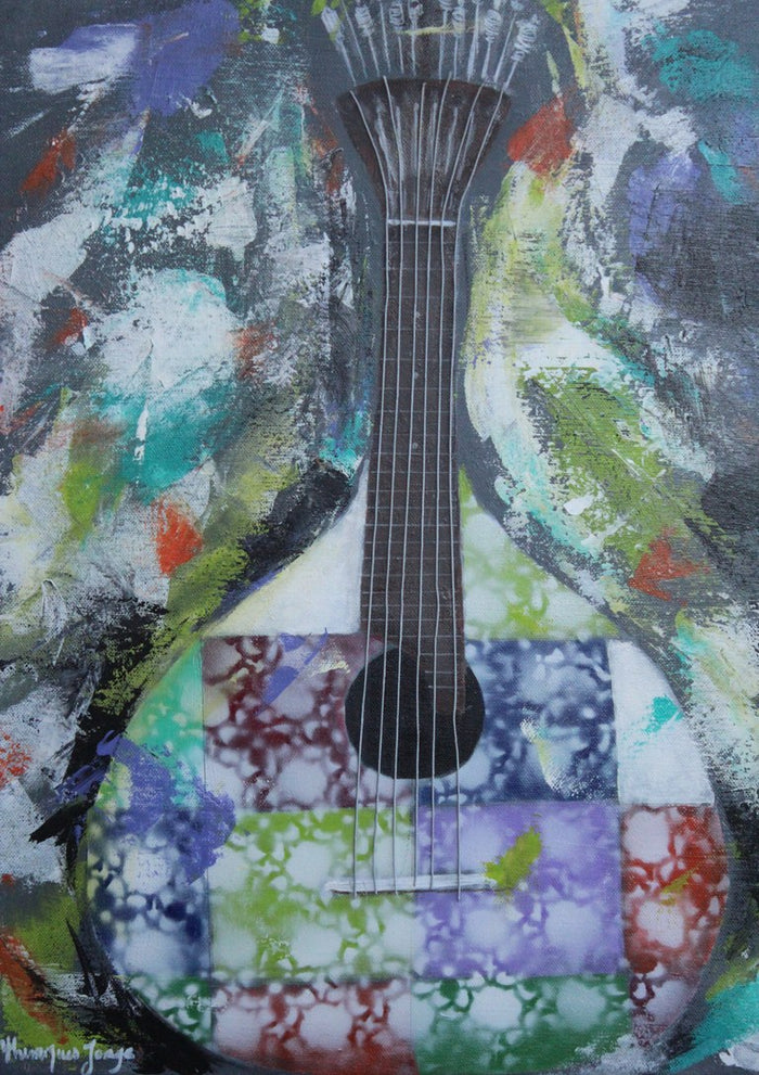 Portuguese Guitar by Ritta Henriques Jorge - a fado guitar with a patchwork body of lace-patterned coloured squares