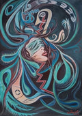 Post-Pandemic by Cristina Iacob - a blindfolded woman's head among coiling turquoise ribbons on near-black