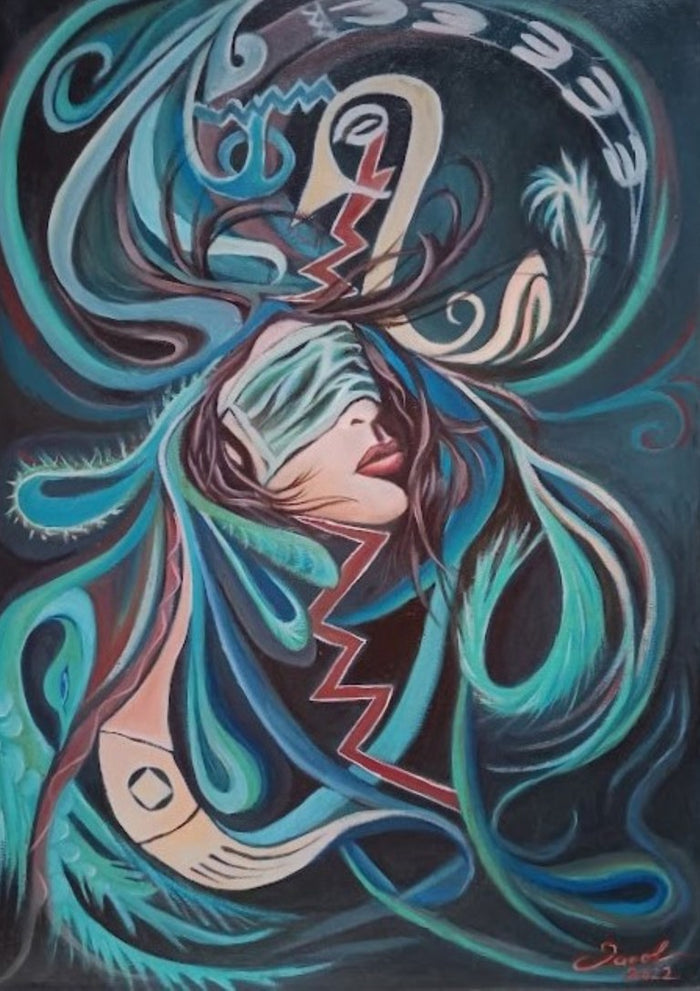 Post-Pandemic by Cristina Iacob - a blindfolded woman's head among coiling turquoise ribbons on near-black