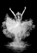 Ballerina in white dress leaps, powder bursts around her; dynamic dance artwork from Powder Burst - Pauline Pentony Plakat.