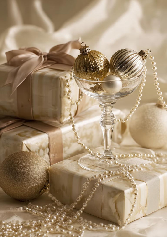Elegant ornaments and pearl garlands displayed with beautifully wrapped presents in soft, festive lighting.