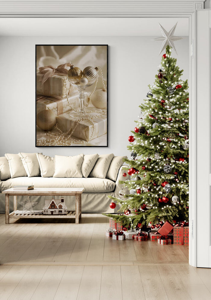 Festive living room with decorated Christmas tree, gifts, and cozy sofa for Presents and Ornaments shopping.