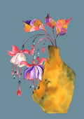 Princess earring by Marjorie Salvagni - pink and purple fuchsia flowers in a mustard-yellow vase