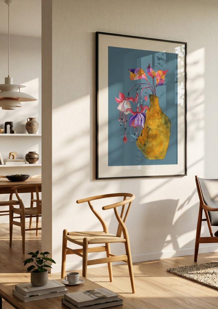 Princess earring by Marjorie Salvagni in a black frame in a bright dining room with wooden chairs