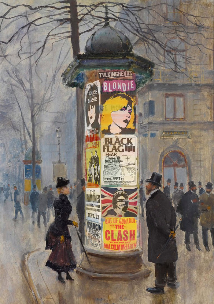 Punk concerts by Dikhotomy — a Belle Époque street column papered with punk gig posters for Blondie, The Clash and Black Flag