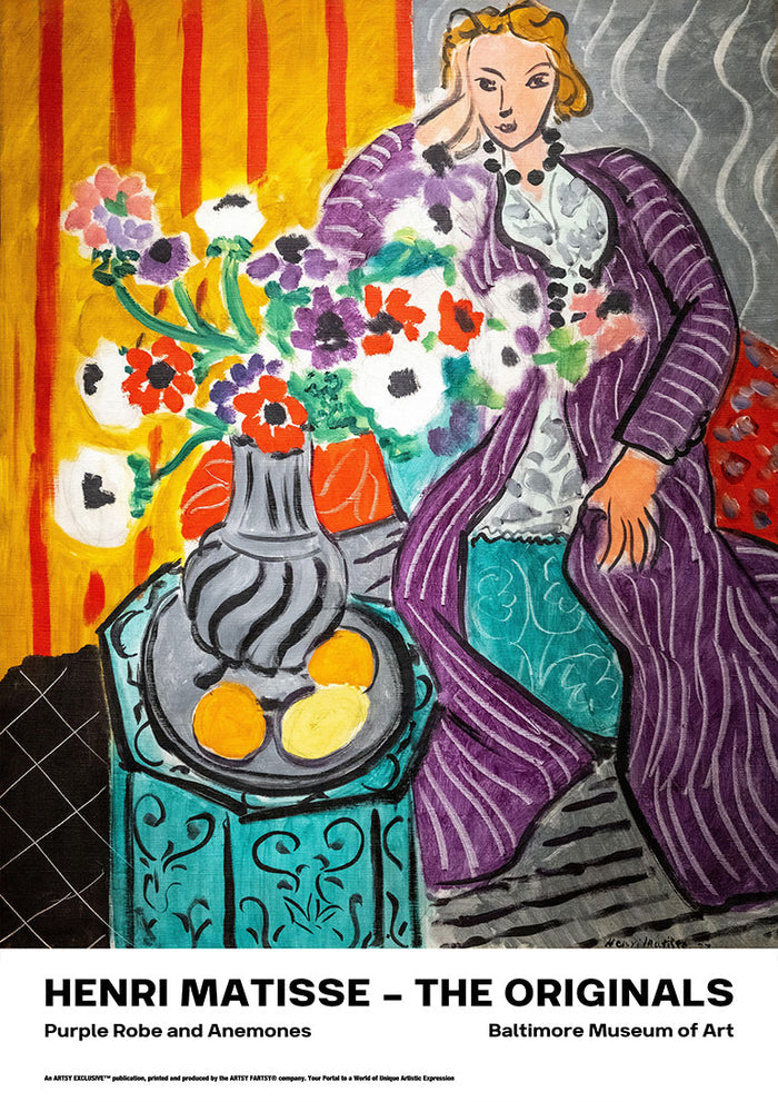Painting of a woman in a purple robe seated by anemones, inspired by Henri Matisse's "Purple Robe and Anemones."