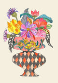 Queen by Marjorie Salvagni - flowers in a coral pink urn on a harlequin base
