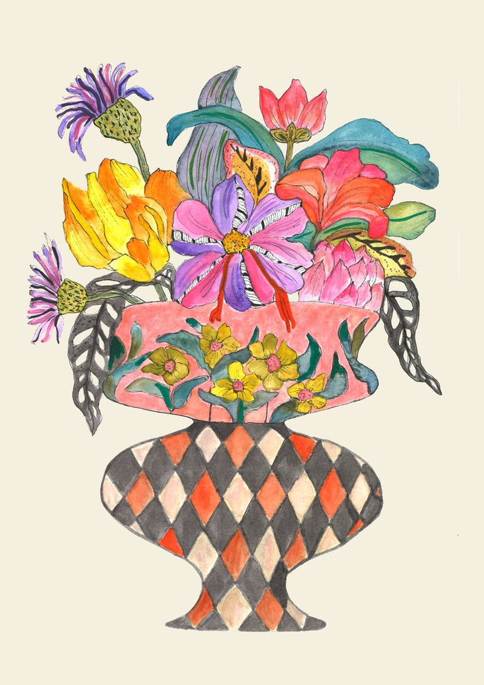 Queen by Marjorie Salvagni - flowers in a coral pink urn on a harlequin base