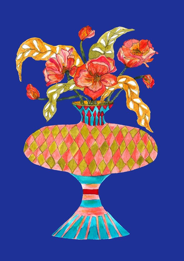 Queen dances by Marjorie Salvagni - coral poppies in a harlequin footed bowl