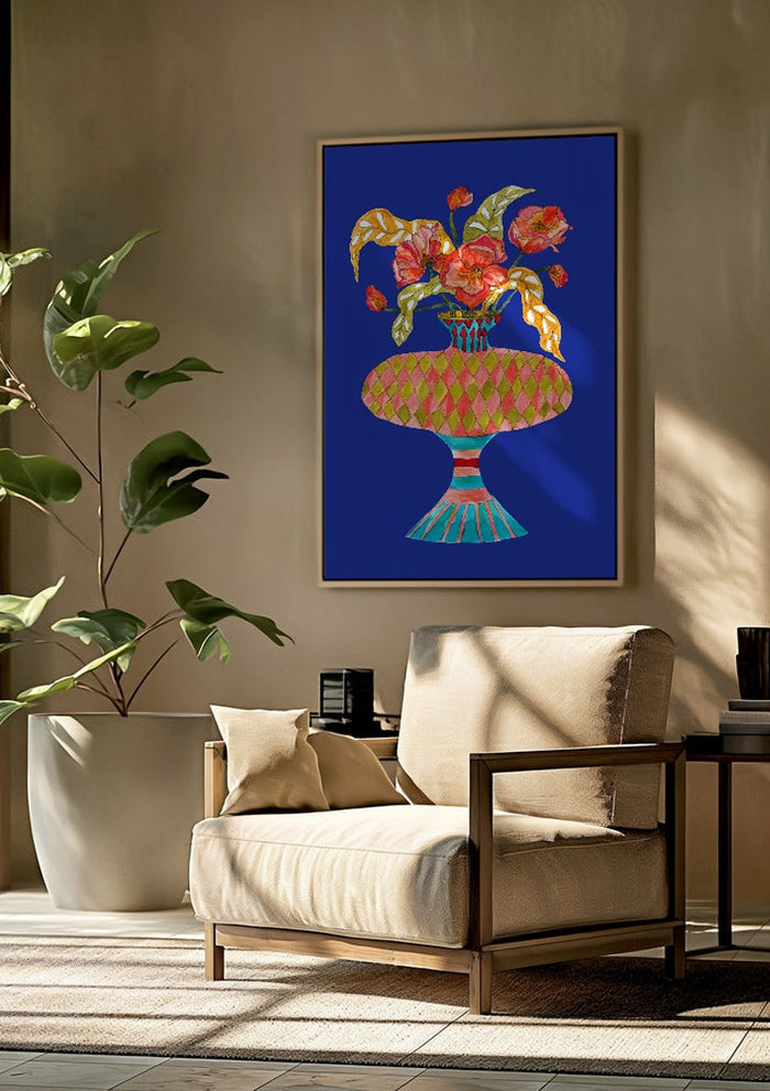 Queen dances by Marjorie Salvagni framed above a beige armchair beside a potted plant