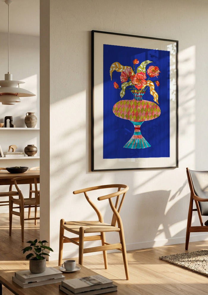 Queen dances by Marjorie Salvagni in a black frame in a bright dining room with wooden chairs
