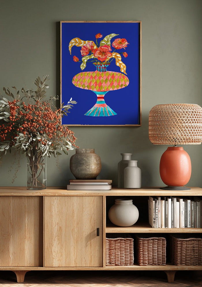 Queen dances by Marjorie Salvagni above a wooden sideboard on a sage green wall
