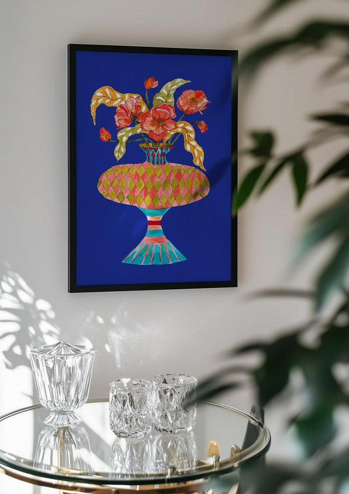 Queen dances by Marjorie Salvagni in a black frame above a glass table with crystal glassware