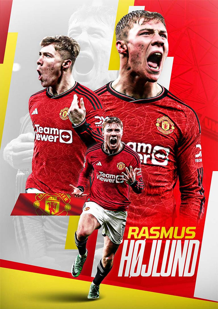 Rasmus Højlund celebrates passionately in his Manchester United kit on a vibrant football poster.