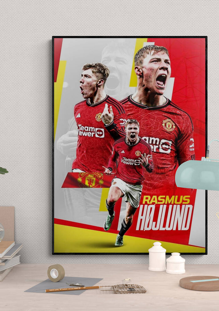 Rasmus Højlund Football Poster featuring him in a Manchester United kit with dynamic action poses.
