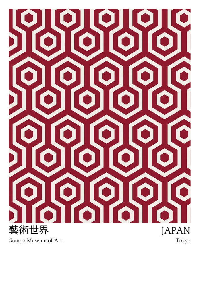 Red geometric hexagon pattern, "SOMPO Museum of Art," and "Japan, Tokyo" text on exhibition plakat.