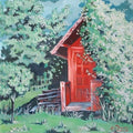 Red Shed in Blossom by Cristina Iacob - a red timber shed among white flowering trees and bright grass