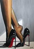 Red Soles by Art By Biba - black patent stilettos with red lacquered soles on a grey floor