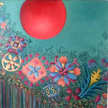 Red Sun over the Motifs by Cristina Iacob - a flat red sun over raised folk embroidery shapes on deep teal