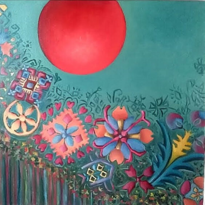 Red Sun over the Motifs by Cristina Iacob - a flat red sun over raised folk embroidery shapes on deep teal